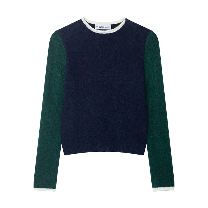 Damen Kuscheliger Colorblock-Pullover mit Rundhalsausschnitt und Kontrastärmeln Drune