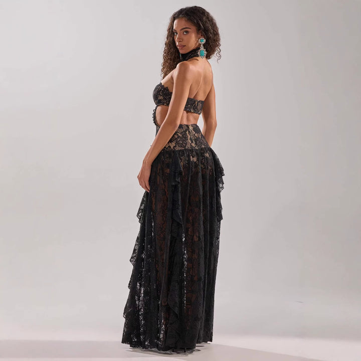 Damen elegante Spitzentraumkleid mit hochgeschlossenem Kragen und fließendem Rock Drune