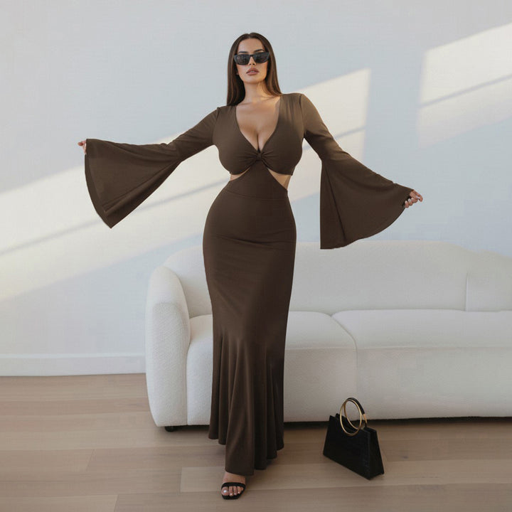 Damen langes Wickelkleid mit dramatischen Schößchenärmeln und cut-out Design Drune