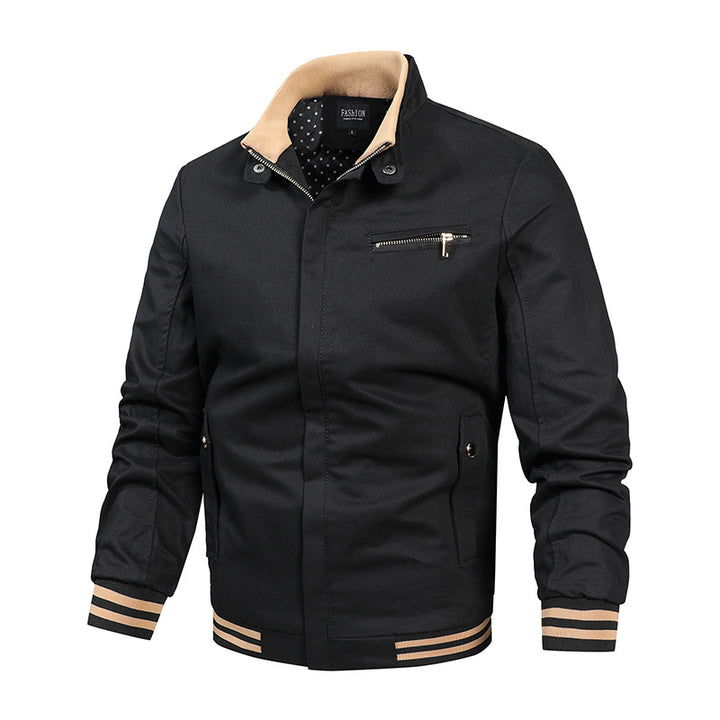 Herren nan moderne Canvas-Bomberjacke im Varsity-Stil mit gestreiften Rippbündchen und verdeckter Frontleiste Drune