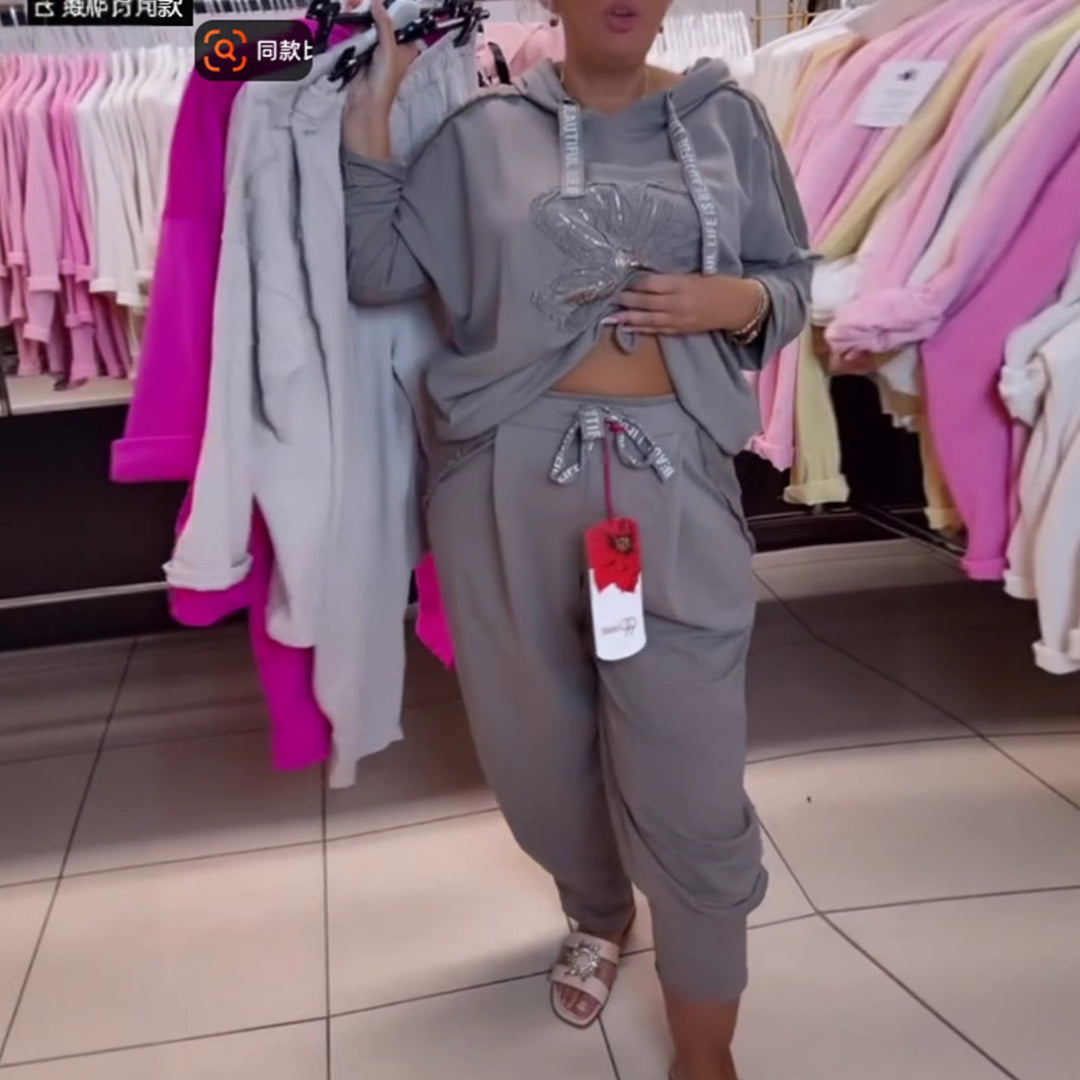 Damen nan entspanntes Lounge-Set mit Blüten-Pailletten-Hoodie, Kordelzug und weiter Bundfaltenhose Drune