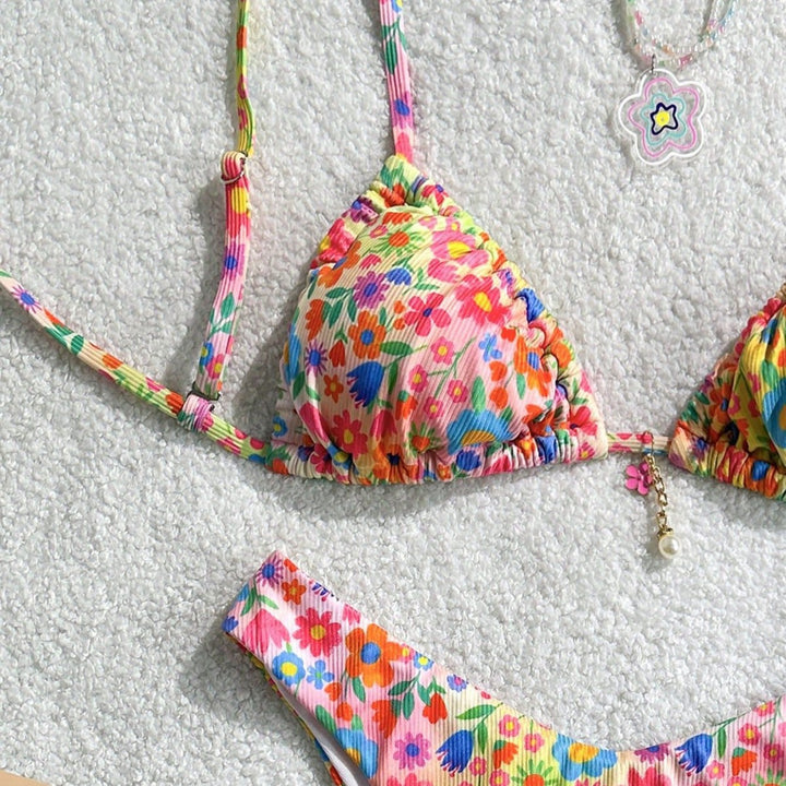 Damen Triangel-Bikini mit buntem Floral-Design und feinen Rüschendetails Drune