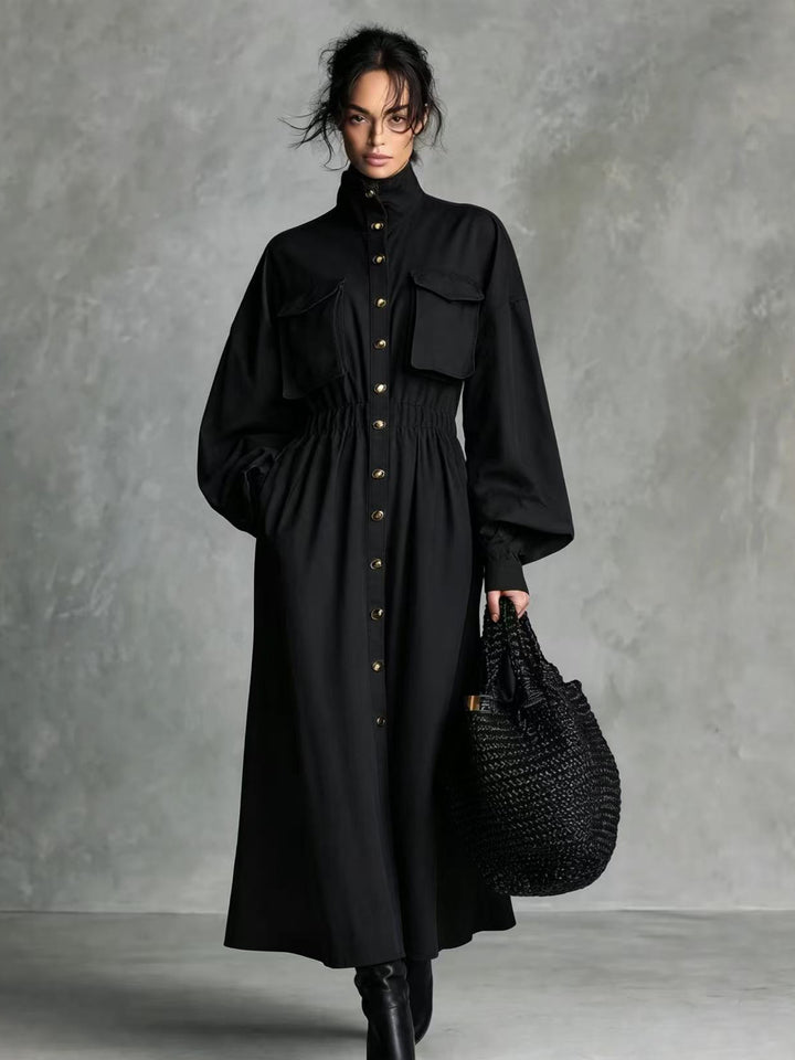 Damen Elegantes Hemdkleid mit Taschen und Taillengürtel Drune