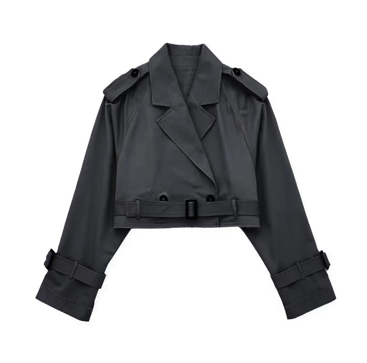 Damen kurzgeschnittene Trenchjacke mit Epauletten, Taillengürtel und verstellbaren Manschetten Drune