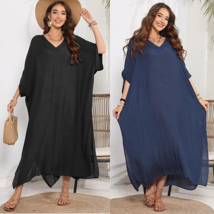 Damen luftiges Sommer-Kleid mit V-Ausschnitt und asymmetrischem Saum Drune