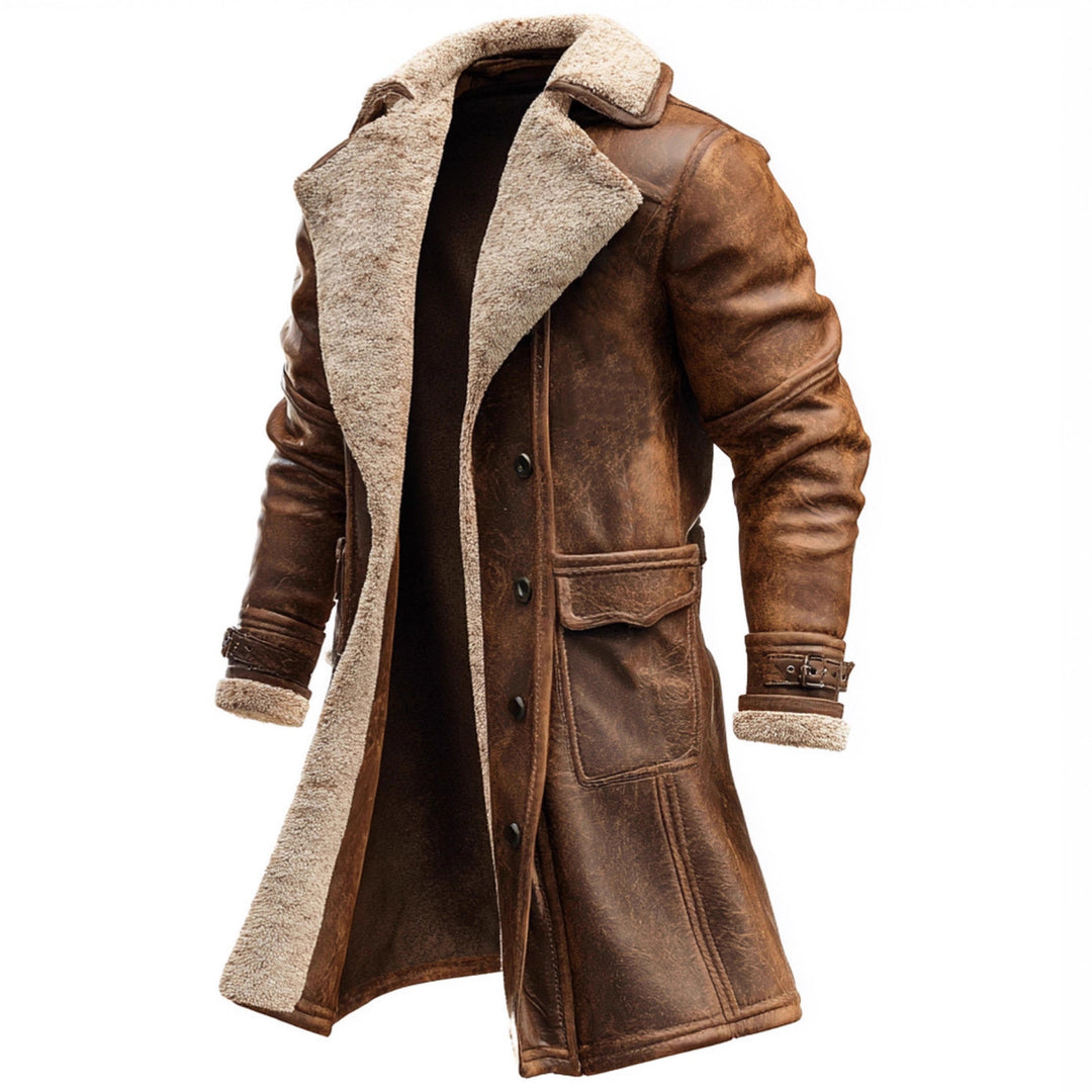 Herren Langer Vintage-Lederimitatmantel mit Teddyfutter und verstellbaren Schnallenmanschetten Drune