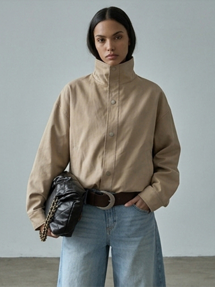 Damen Kurze kastige Canvasjacke mit hohem Stehkragen und Druckknopfleiste Drune
