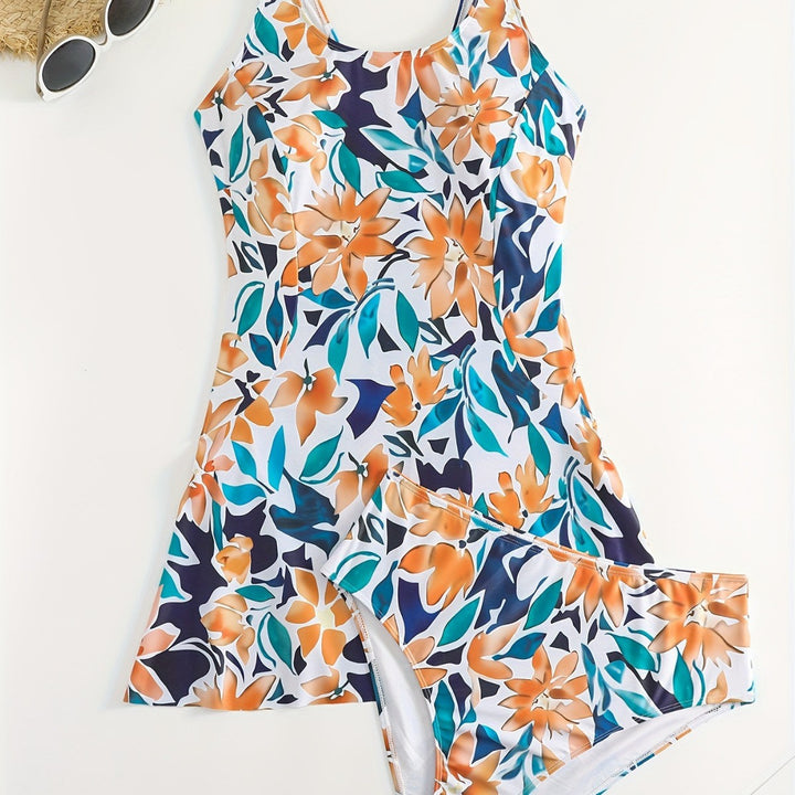 Damen Badeanzug Set mit floralem Design und leichtem Rock Drune