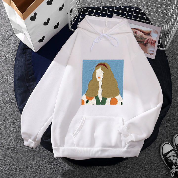 Damen nan Kapuzenpullover mit kunstvoller Chenille-Stickerei im Portraitstil und Kängurutasche Drune