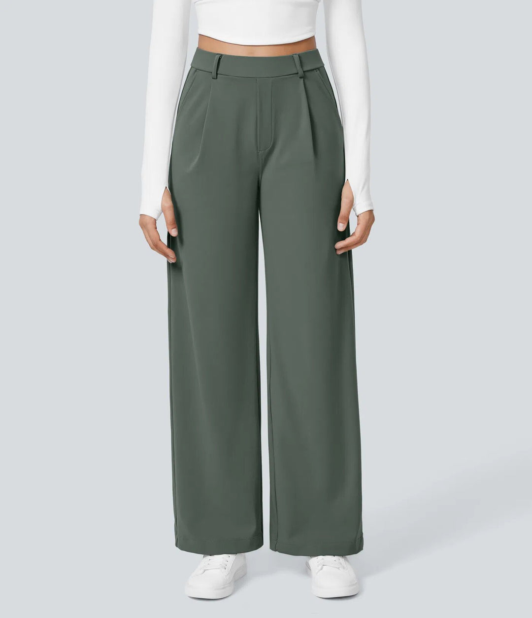 Damen nan hochgeschnittene Bundfaltenhose mit weitem Bein, Gürtelschlaufen und seitlichen Eingrifftaschen Drune