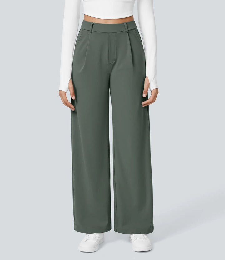 Damen nan hochgeschnittene Bundfaltenhose mit weitem Bein, Gürtelschlaufen und seitlichen Eingrifftaschen Drune