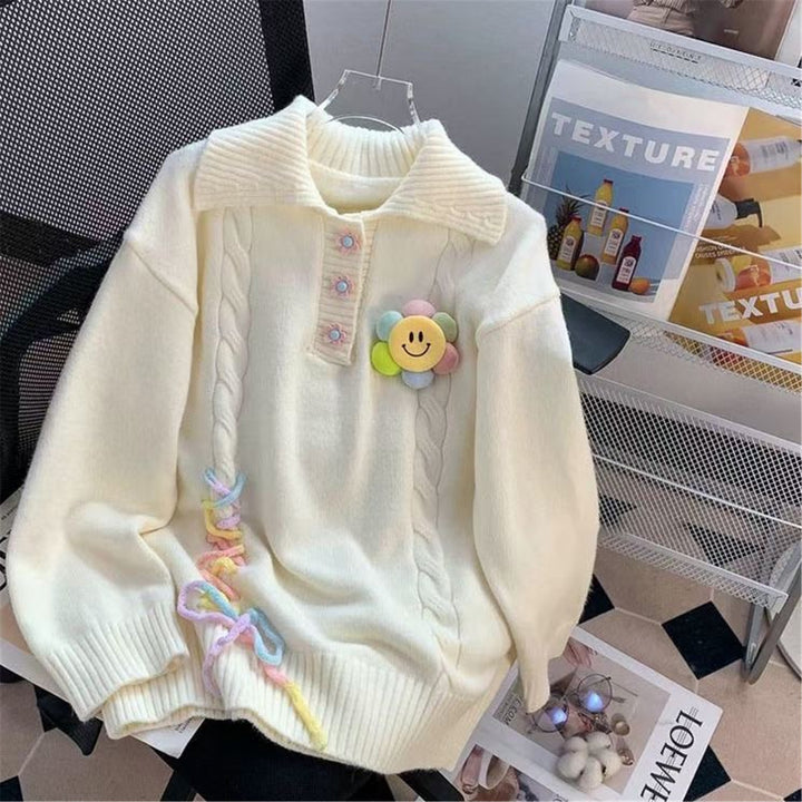 Damen Grobstrickpullover mit farbenfrohen Applikationen und rippstrukturiertem Kragen Drune