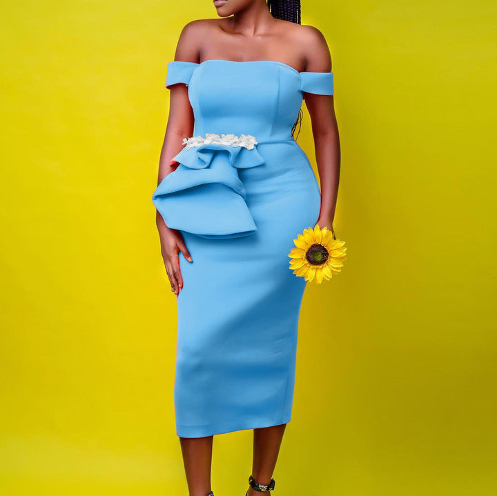 Damen Midi-Kleid mit asymmetrischen Trägern und floralen Details Drune