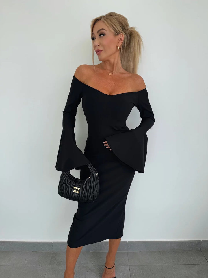 Damen Figurbetontes Kleid mit schulterfreien Ärmeln und ausgestellten Manschetten Drune