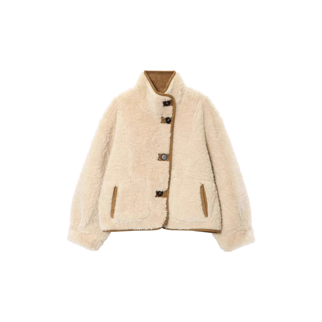 Damen Kurze Veloursjacke mit Teddyfutter, hohem Stehkragen und aufgesetzten Taschen Drune