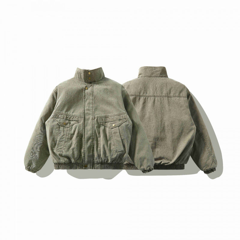 Unisex Weitgeschnittene Canvas-Utility-Jacke mit Stehkragen, Pattentaschen und elastischem Saum Drune