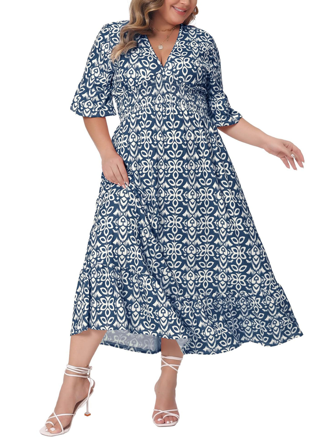 Damen Midikleid in A‑Linie mit grafischem Allover‑Print, geraffter Taillenpartie und Volantstufen Drune