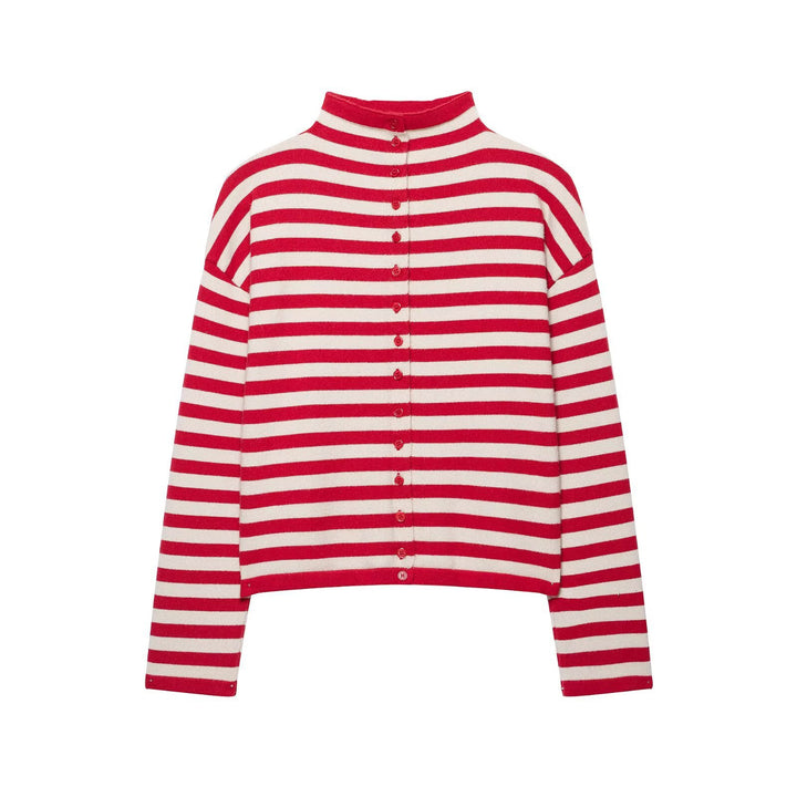 Damen Gestreifter Cropped-Strickcardigan mit Knopfleiste und Stehkragen Drune