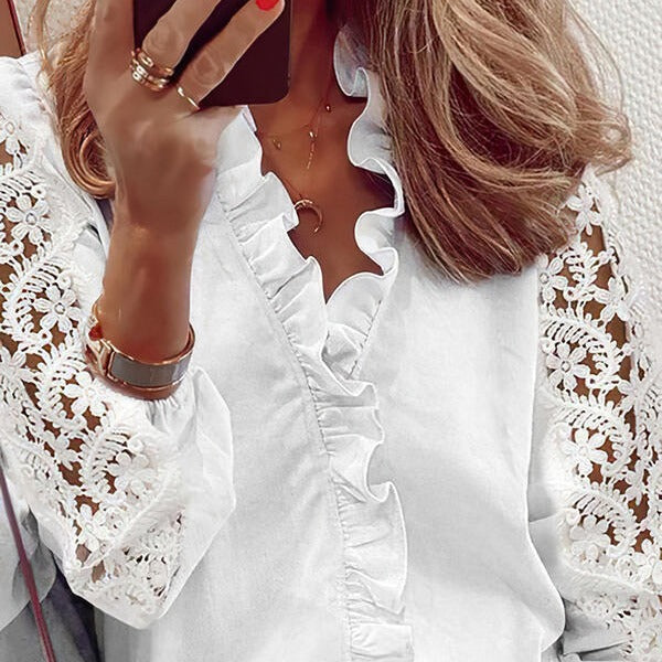 Damen elegante Bluse mit Rüschendetails und Spitzenärmeln Drune