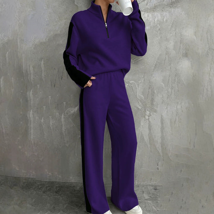 Damen nan lässiges Jogginganzug-Set mit Halbzip, elastischer Bund und seitlichen Kontraststreifen Drune