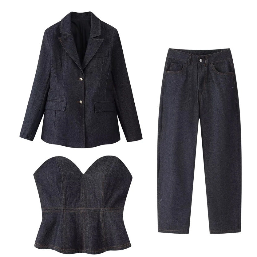 Damen 30+ dreiteiliges Denim-Set: taillierter Blazer, Taillen-Corsage & High-Waist-Jeans Drune