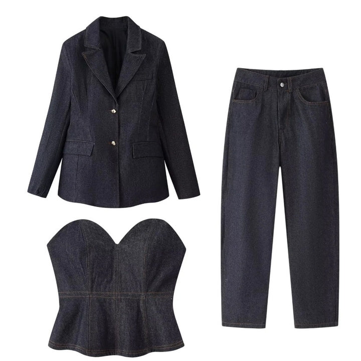 Damen 30+ dreiteiliges Denim-Set: taillierter Blazer, Taillen-Corsage & High-Waist-Jeans Drune
