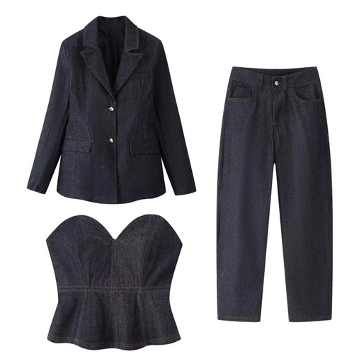 Damen 30+ dreiteiliges Denim-Set: taillierter Blazer, Taillen-Corsage & High-Waist-Jeans Drune