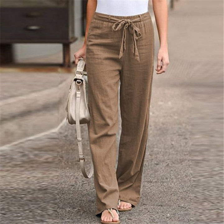 Damen bequeme Leinenhose mit elastischem Bund und verstellbarem Bindegürtel Drune
