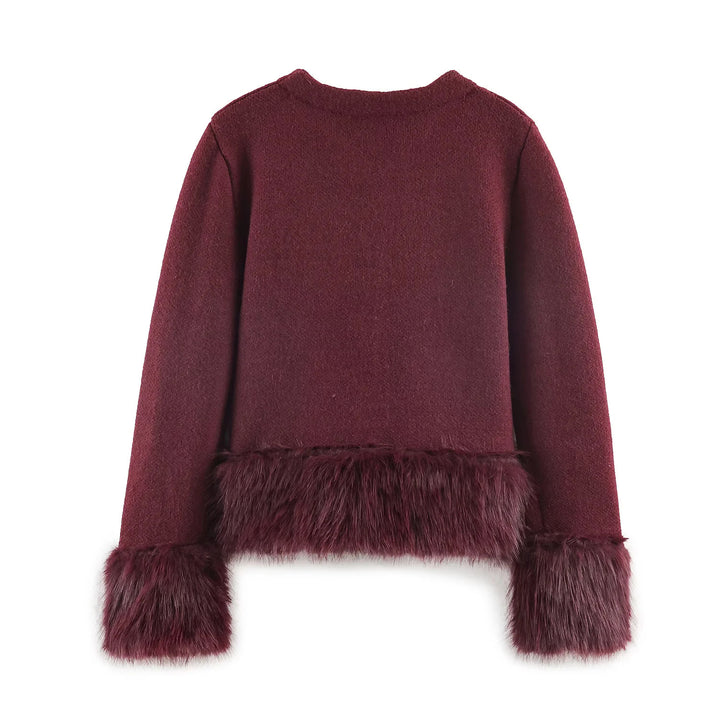 Damen nan kurze Wolljacke mit flauschigem Kunstfellbesatz am Saum und Ärmeln Drune