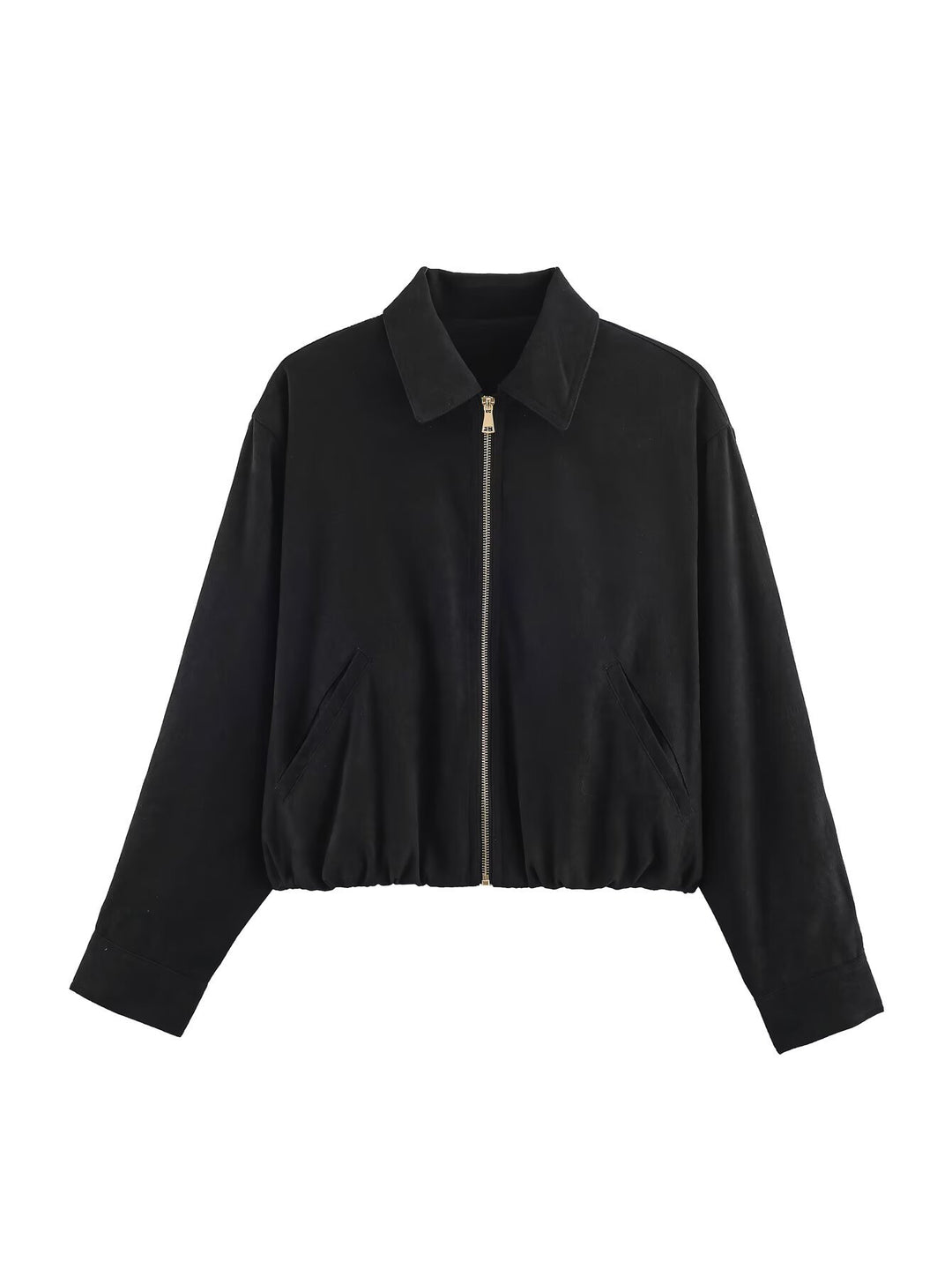 Damen Kurzblouson im Velours‑Look mit spitzem Hemdkragen und Gummizugsaum Drune