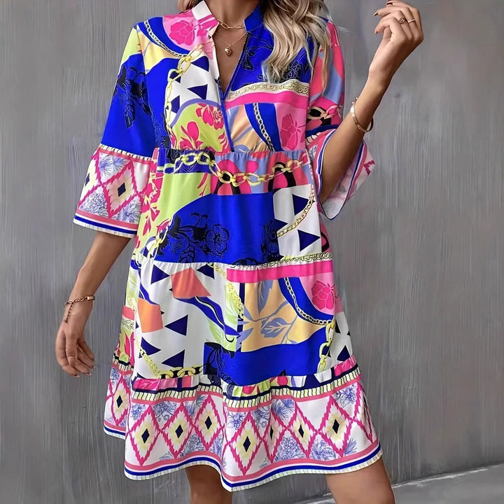 Damen Freizeitkleid mit buntem Grafikdesign und ausgestellten Ärmeln Drune