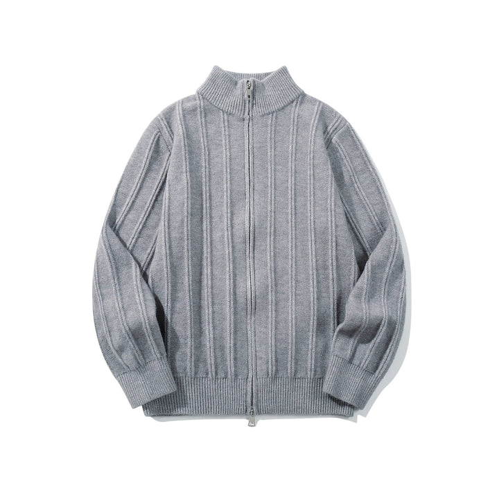 Unisex Geraffte Strick-Zipjacke mit hohem Stehkragen und vertikaler Struktur Drune