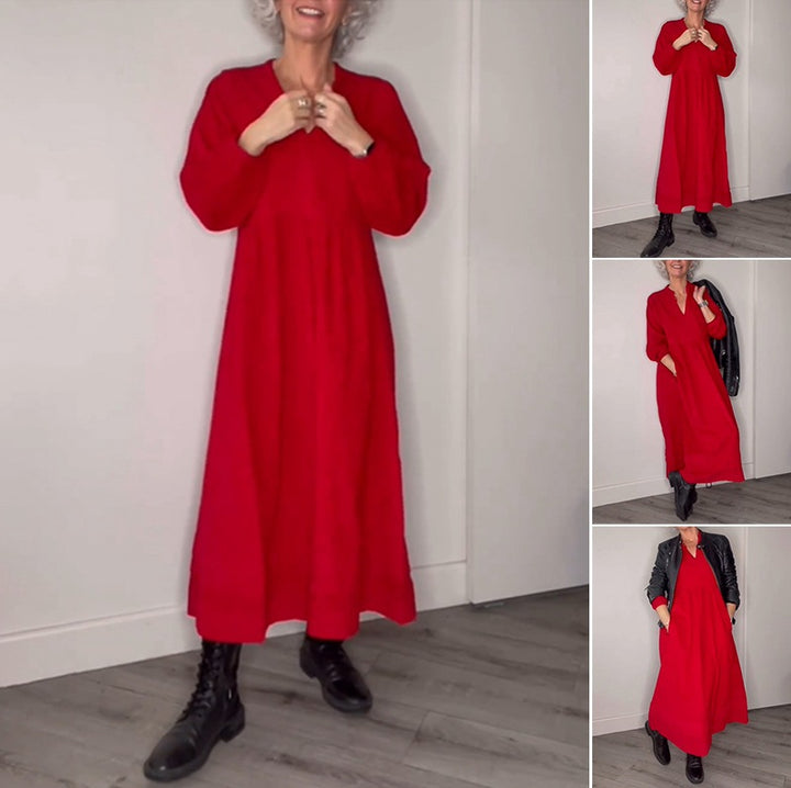 Damen Freizeit Viskose Maxi Kleid mit V-Ausschnitt, Taillennaht und Ballonärmeln Drune