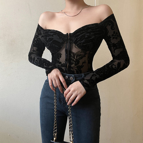 Damen Spitzenbustier mit schulterfreiem Design und langen Ärmeln Drune