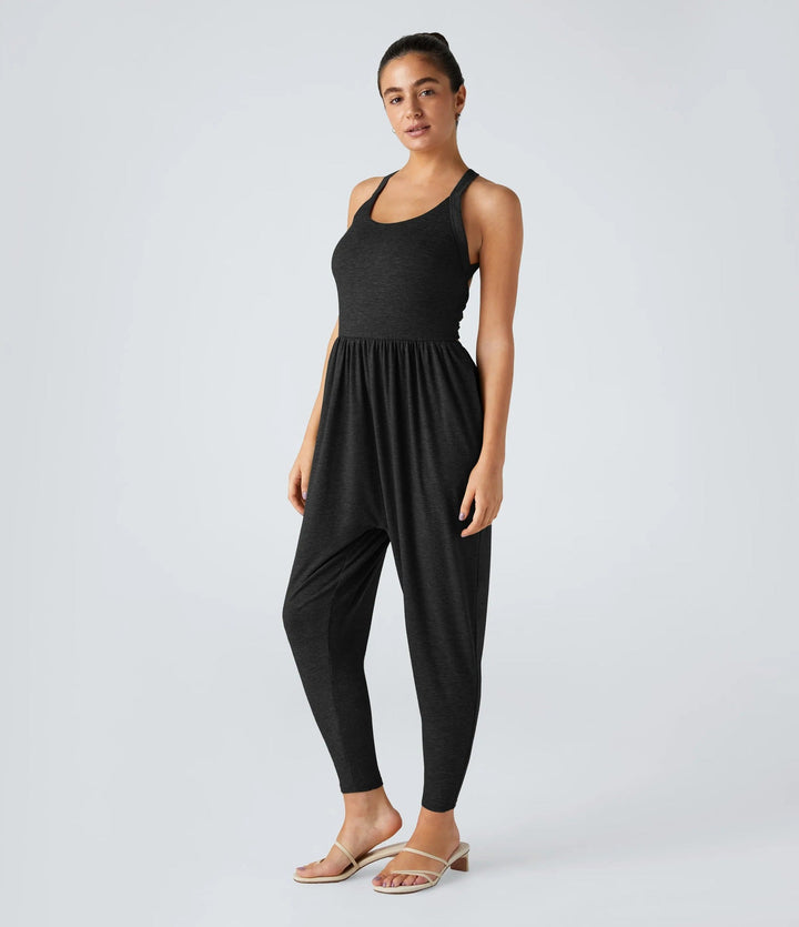 Damen nan lässiger Jersey-Overall mit Racerback, smockierter Taille und seitlichen Eingrifftaschen Drune