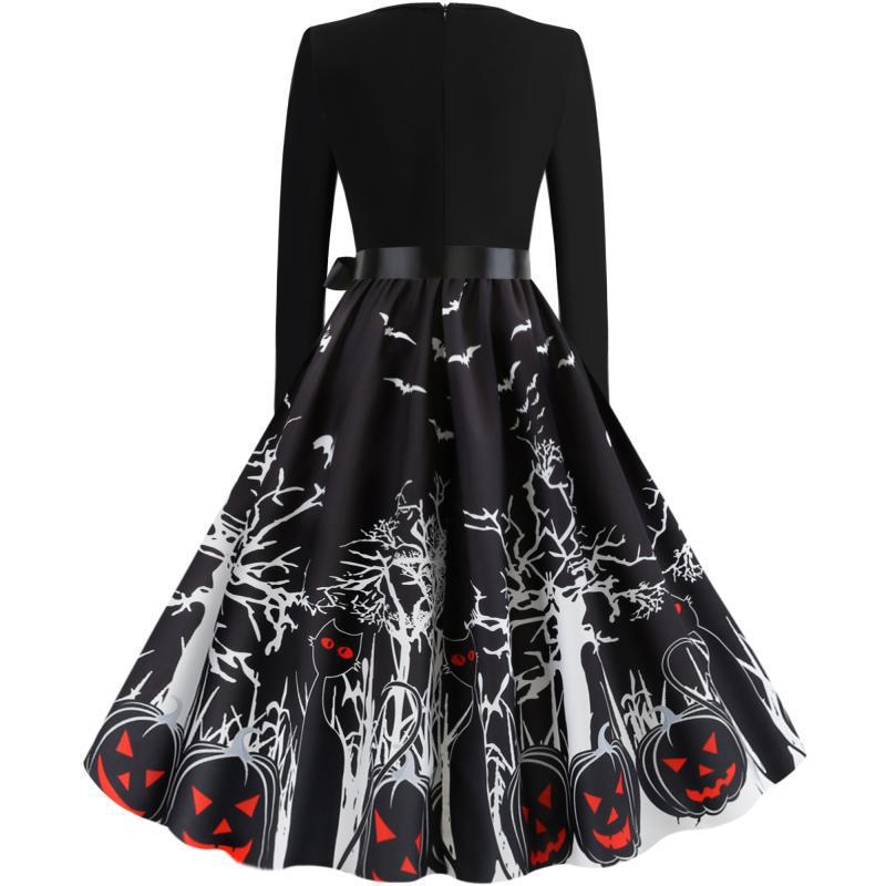 Damen Vintage-inspiriertes Swingkleid mit Halloween-Motiv, taillierter Satinschärpe und langen Ärmeln Drune