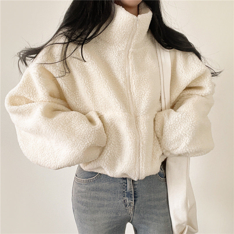Damen kuschelige Fleece-Jacke mit hohem Kragen und Reißverschluss Drune