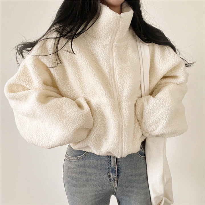 Damen kuschelige Fleece-Jacke mit hohem Kragen und Reißverschluss Drune