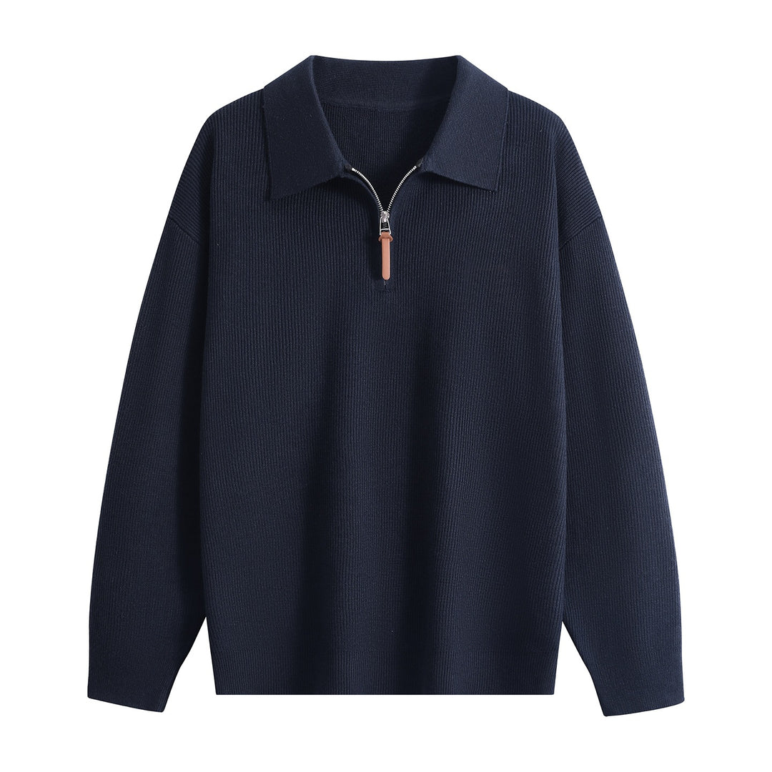 Damen Oversize Rippstrick-Pullover mit Polokragen & Kurz‑Zip Drune