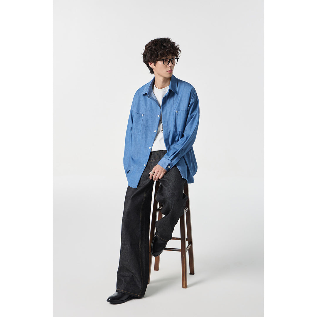 Herren Oversize Hemdjacke aus leichter Denim-Qualität mit verdeckter Knopfleiste und Brusttaschen Drune