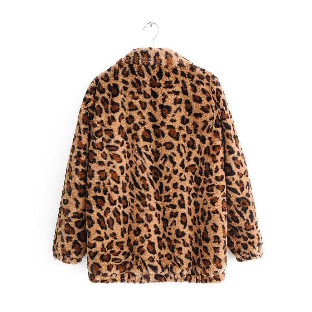 Damen Kunstfelljacke mit Leopardenmuster, durchgehendem Reißverschluss und elastischem Saum Drune