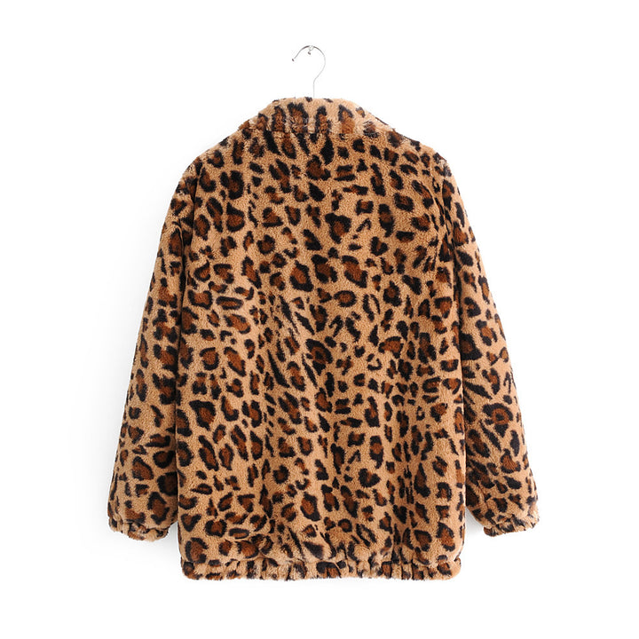 Damen Kunstfelljacke mit Leopardenmuster, durchgehendem Reißverschluss und elastischem Saum Drune