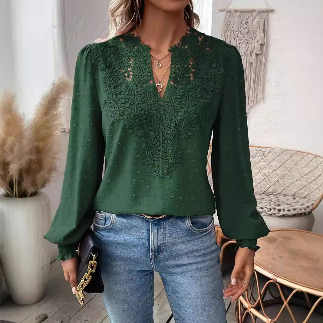 Damen elegante Bluse mit besticktem V-Ausschnitt Drune