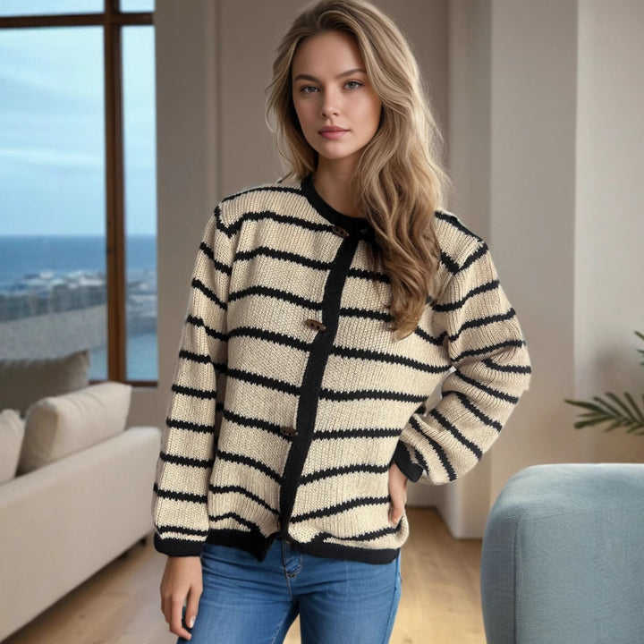Damen lässiger Strickcardigan mit eleganten Holzknopfdetails und stilvollem Streifenmuster Drune
