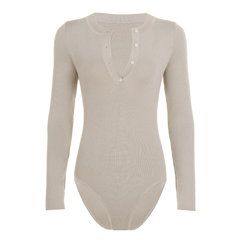 Damen Langarm Bodysuit mit Knopfdetail und strukturiertem Material Drune