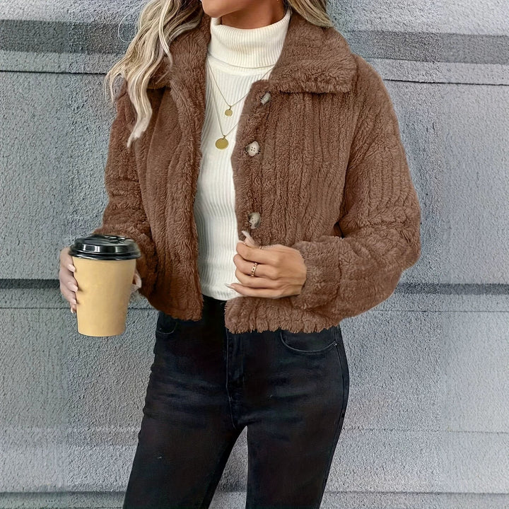 Damen Kurzjacke Teddy-Fleece mit Knopfverschluss und weitem Hemdkragen Drune