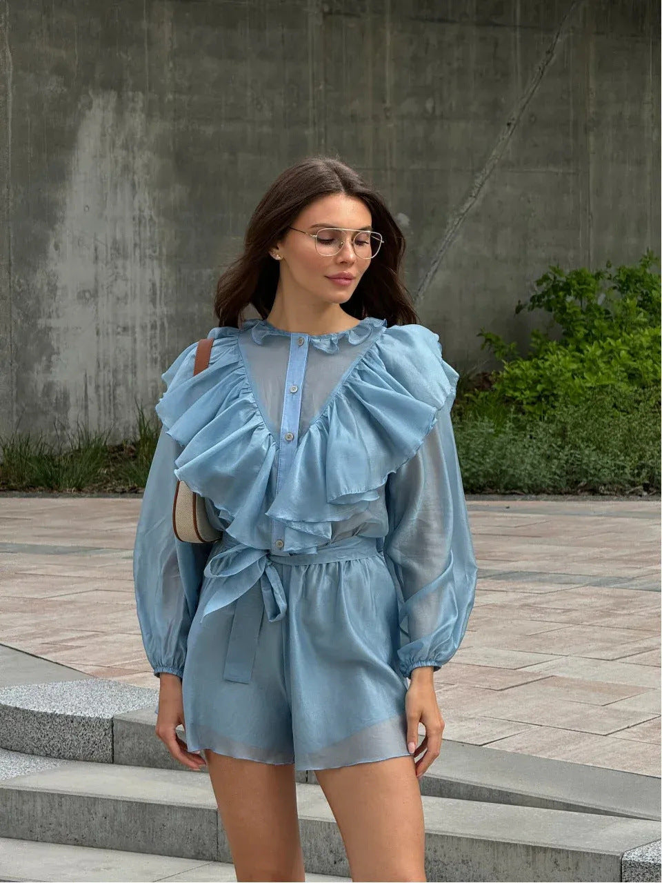 Damen stilvolles Chiffon-Set mit Rüschendetails und Taillengürtel Drune