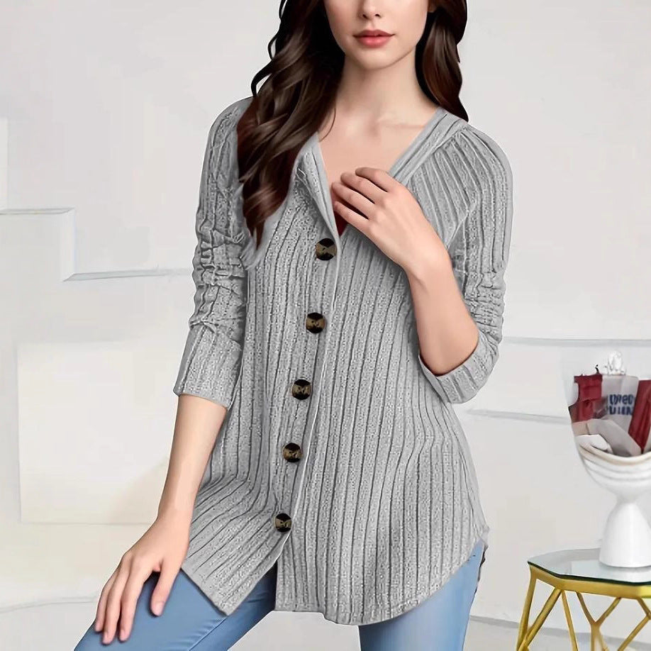 Damen nan kaschierender gerippter Strickcardigan mit V-Ausschnitt und dekorativen Knöpfen Drune