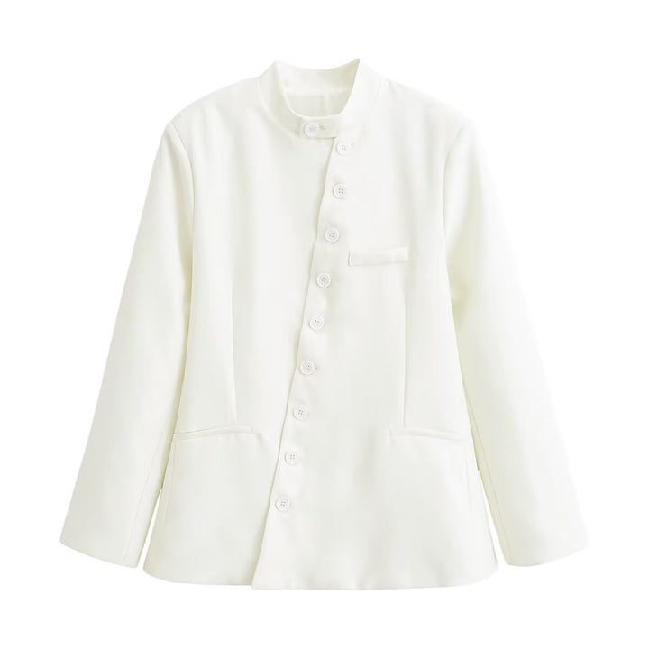 Damen Taillierte Blazer‑Jacke mit Stehkragen, asymmetrischer Knopfleiste und Eingrifftaschen Drune