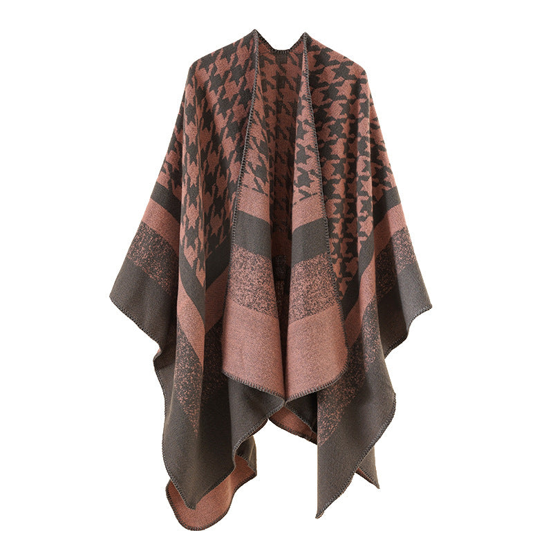 Damen Oversize‑Ruana‑Poncho aus Wollmix mit Hahnentritt- und Blockjacquard Drune